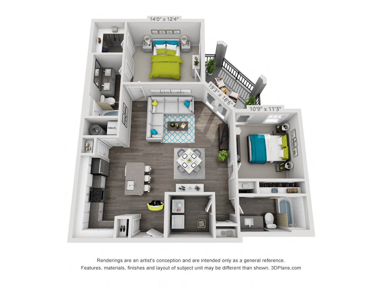 Floor plan for 2 beds, 2 baths, 1265 sqft